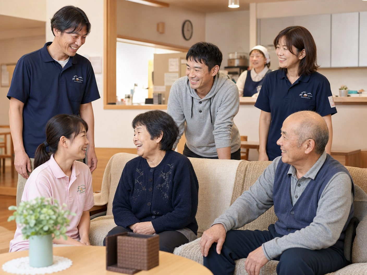 スタッフと利用者が笑顔で交流する様子